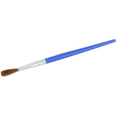 A blue paintbrush with a silver ferrule and brown bristles, lying on a white background.