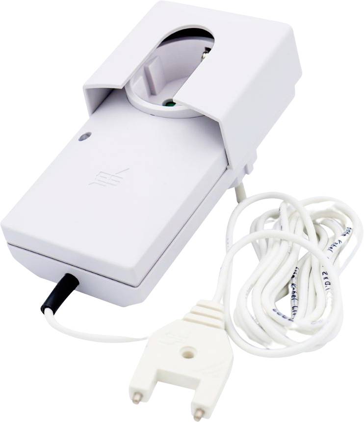 A white electric electricity metre with cable and plug is pictured. The device is used to monitor electricity consumption.