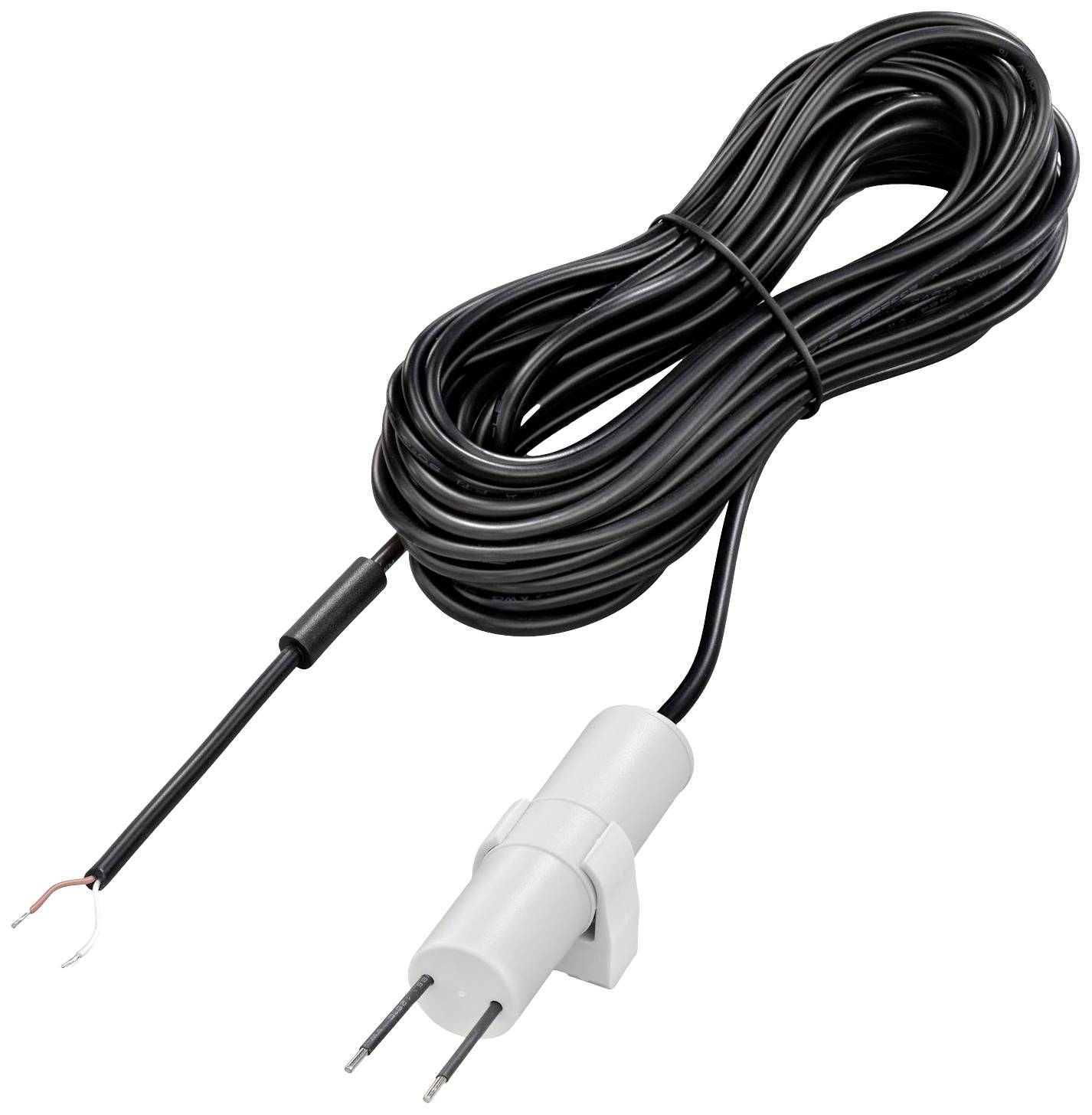 'Soil moisture sensor with a long black cable and two silver sensor probes at the end.'