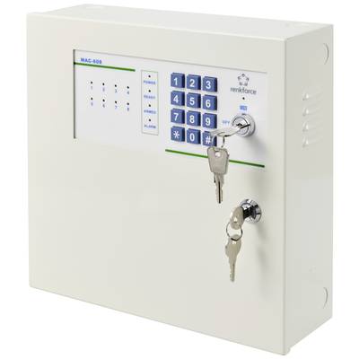 A white key cabinet with an integrated combination lock and two inserted keys. Keypad with blue buttons and display.