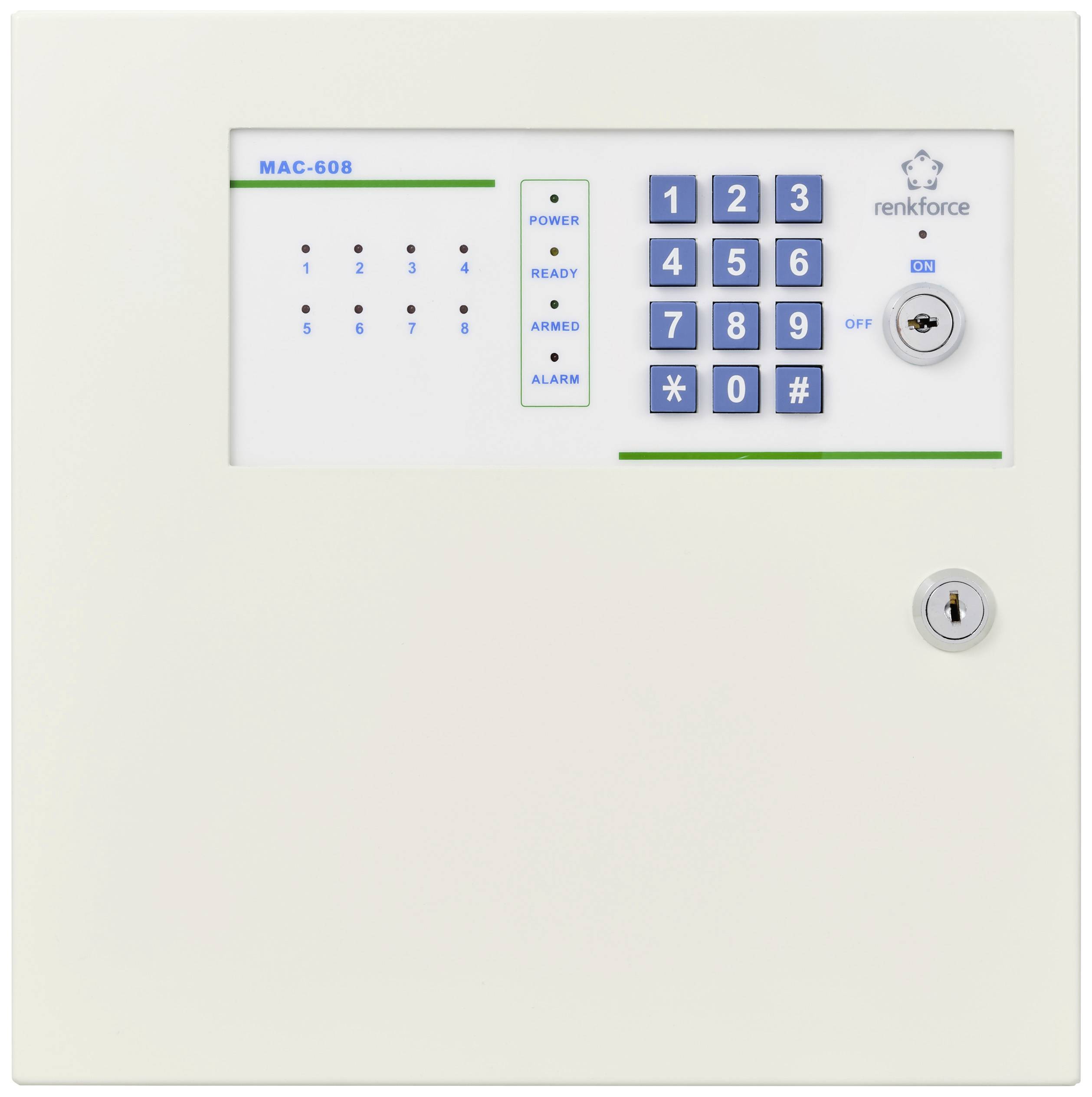A white security panel with a keypad for access control, displaying numbers and symbols. It has a keyhole for manual unlocking.