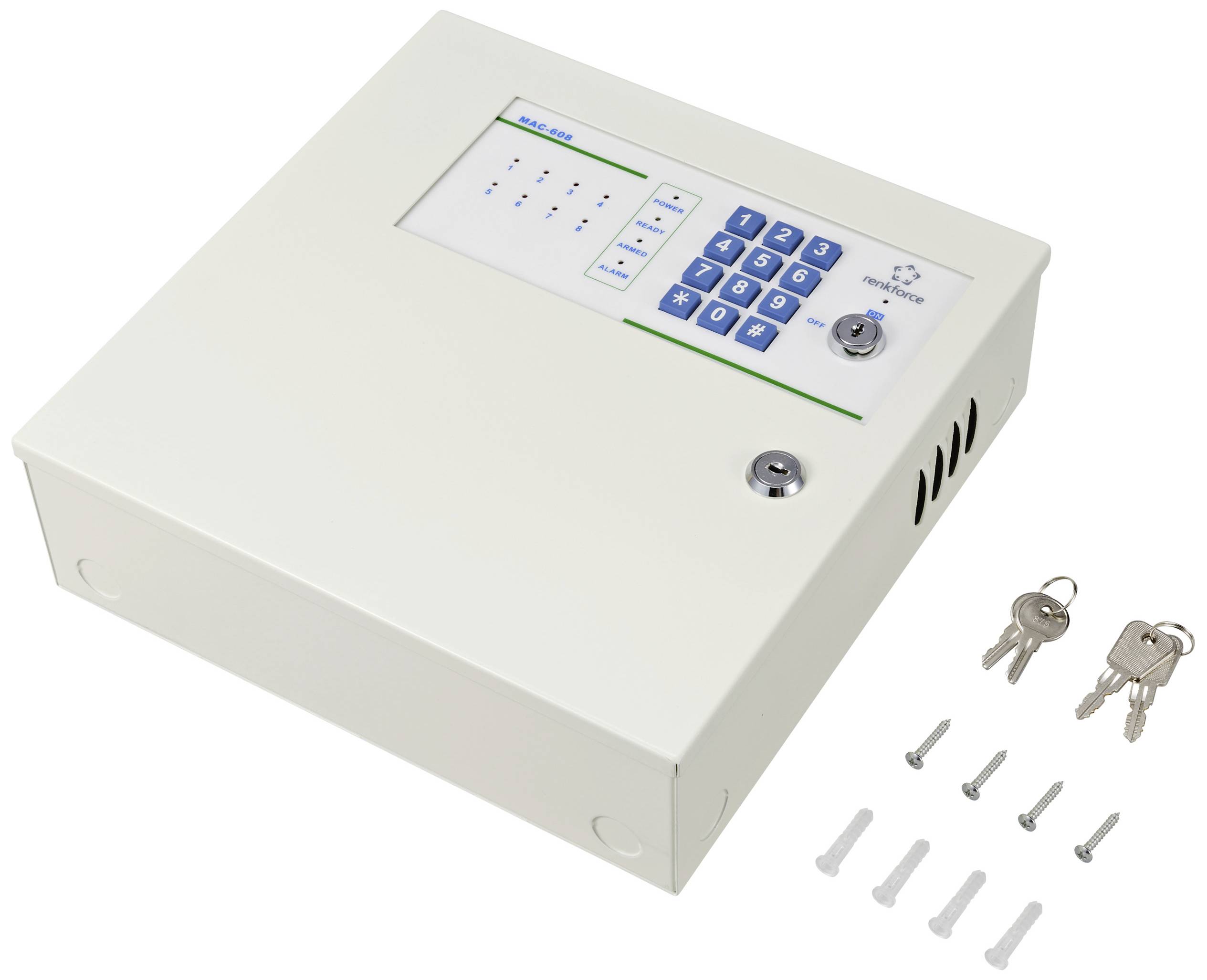 'Safety device with numeric keypad and LED indicators for control, with keys and mounting materials lying beside it.'