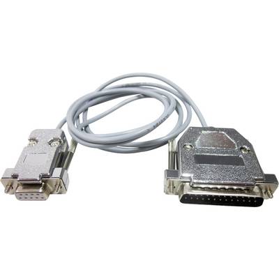 A grey data cable with a 9-pin serial plug on the left side and a 25-pin parallel plug on the right side.