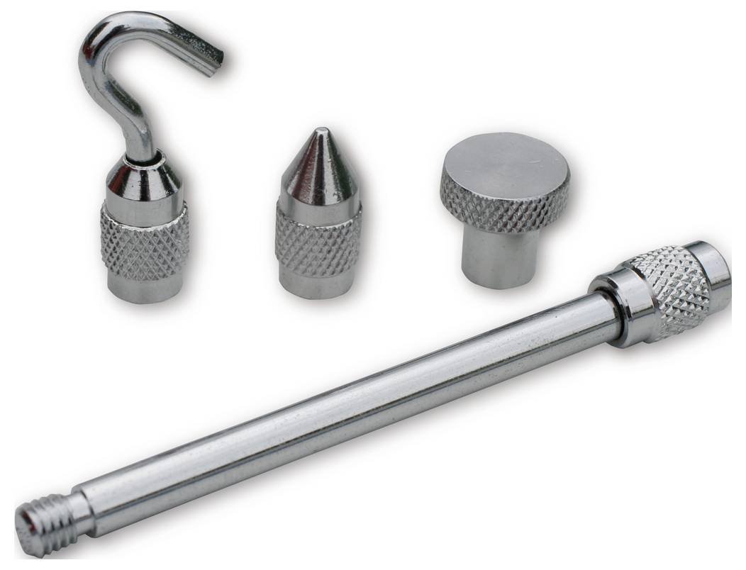 'Four different metal nozzle tips for an air pump, including a hook, a point, a flat attachment, and a cylinder.'