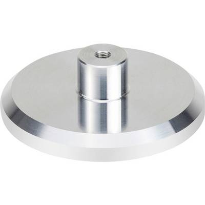 A round metal disc with a raised cylindrical mounting in the centre, possibly used for fixing or as a base.