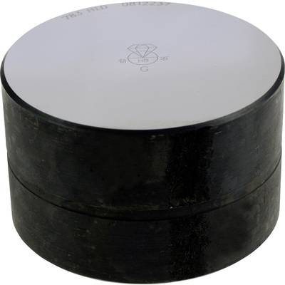A round, metallic-looking cylinder with a smooth, reflective top surface and darker sides. The top surface displays a logo and numbers.