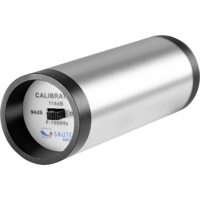 Calibrator for noise measurement, cylindrical shape, 114 dB, 94 dB, 1000 Hz. Marked 'SAUTER'. Silver-coloured housing.