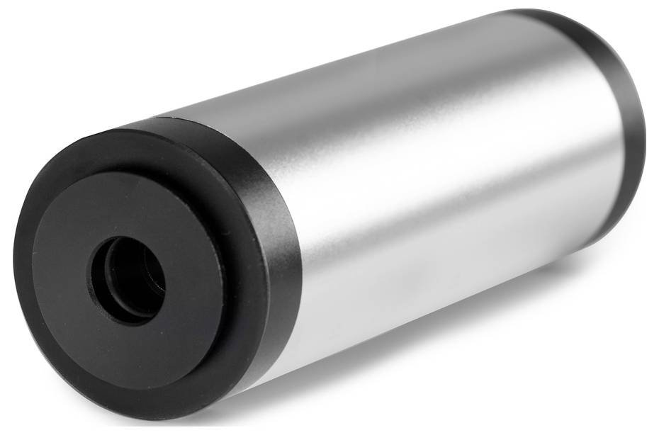 Cylindrical metal tool with black plastic at both ends, possibly a camera lens cap or tube adapter.