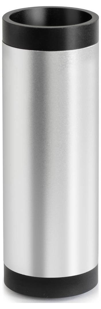 Silver cylindrical object with black trim at the top and bottom, resembling a travel mug or thermos flask.
