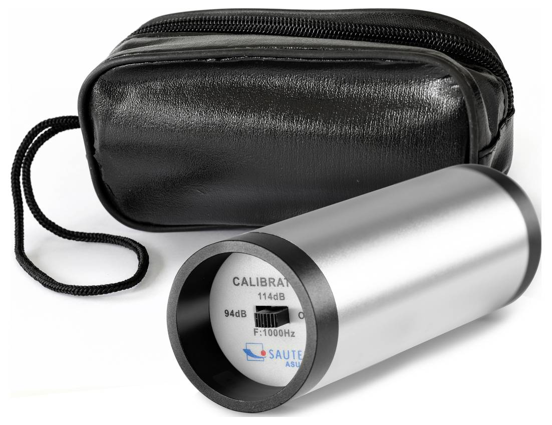Sound pressure calibrator in cylindrical form, with 94dB and 114dB at 1000Hz. Black carrying case beside it.