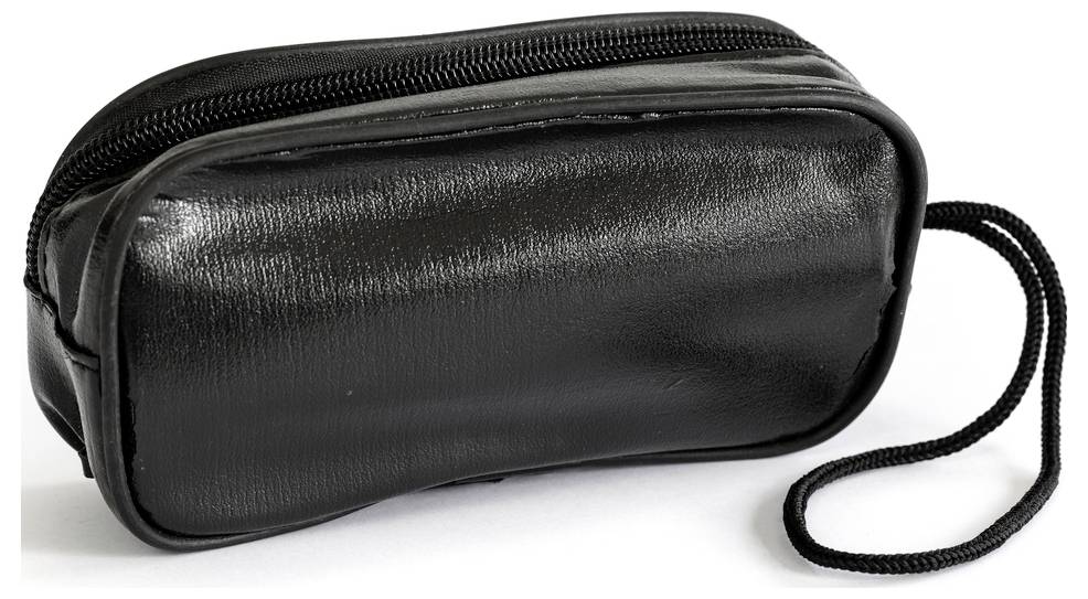 Black, rectangular leather case with zip closure and carrying loop; could be used for storing small items such as cosmetics.
