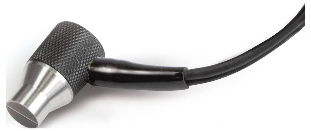 A silver and black round microphone with cable, on white background.