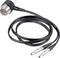 A black microphone system with two cables and two metal connectors. It is suitable for use in audio technology.