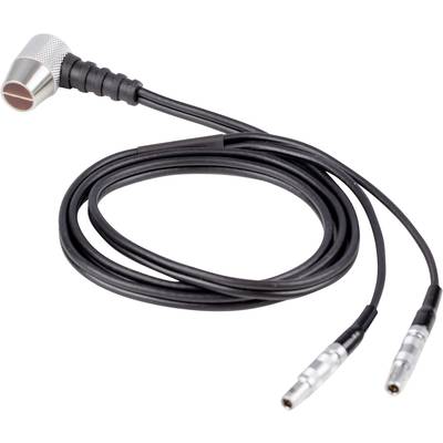 Two black audio cables, with a large plug on one end and two smaller plugs on the other end, on a white background.