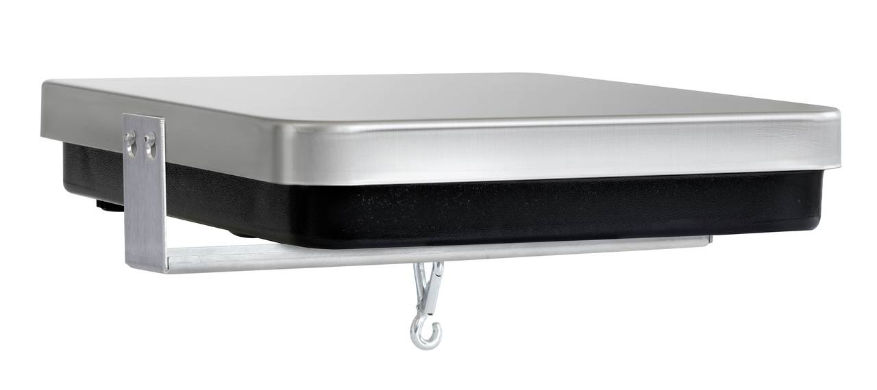 A flat, square platform with a metal base and hooks underneath, possibly a base or mounting bracket.