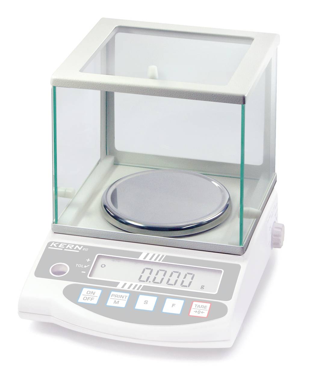 A digital precision scale with a glass cover, showing zero. It has buttons for On/Off, Print, Tare and Mode.