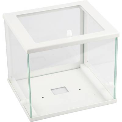 A transparent glass display cabinet with a white frame, suitable for presenting small objects. Ideal for collectibles.