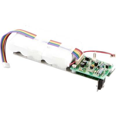 Electronic component block with circuit board, featuring multiple capacitors and components; colourful cables connected.
