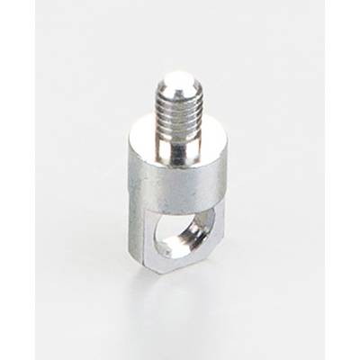 A silver metal connector bolt with threading and a side hole for fastening. It stands upright on a smooth surface.