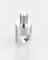 A silver metal connector bolt with threading and a side hole for fastening. It stands upright on a smooth surface.