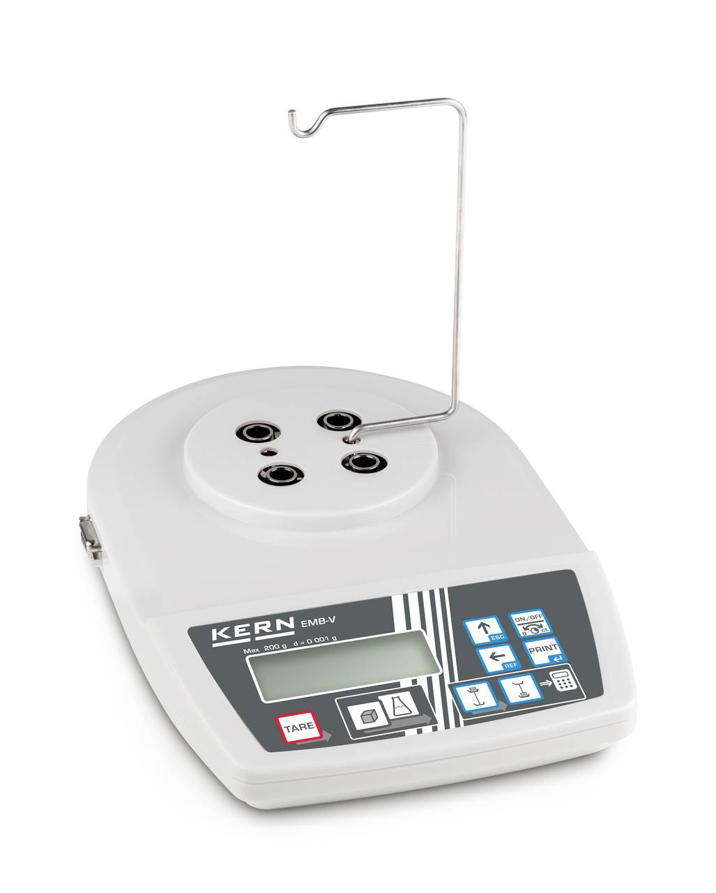Electronic weighing scale with metal hook and digital display. Control buttons for settings are visible.
