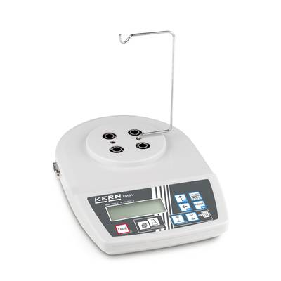 Electronic weighing scale with metal hook and digital display. Control buttons for settings are visible.