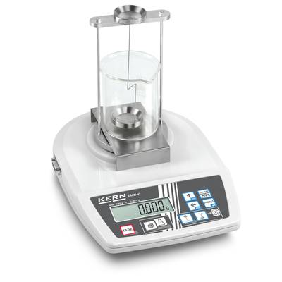 Electronic scales with a glass vessel on the measuring platform, displaying 0.000 g. Display with control buttons for tare, lighting, and support.