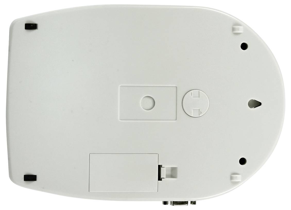 Underside view of a white computer mouse with visible screw holes and battery compartment.