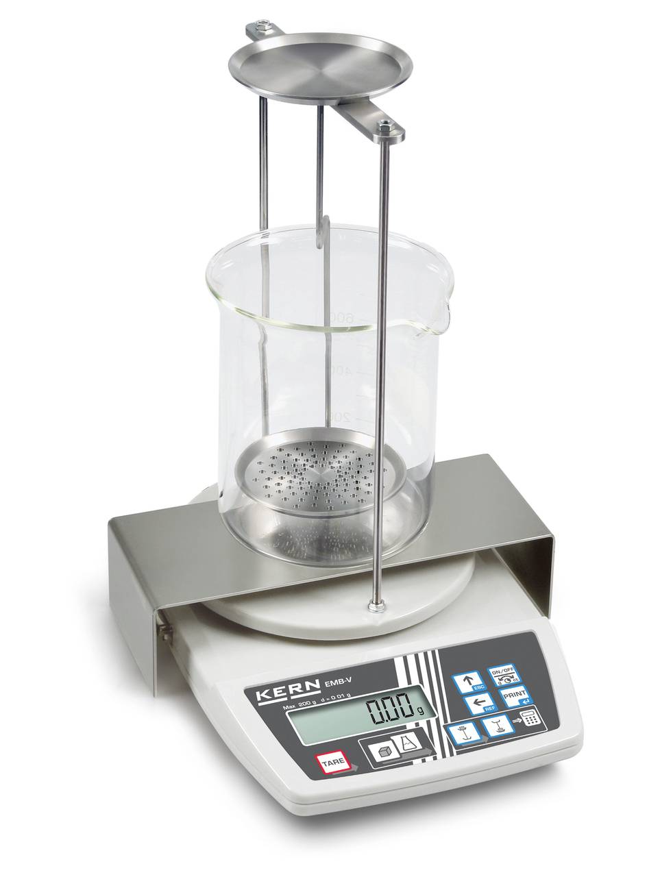 A digital scale for liquid density determination with a transparent container and metal mounting on the platform.