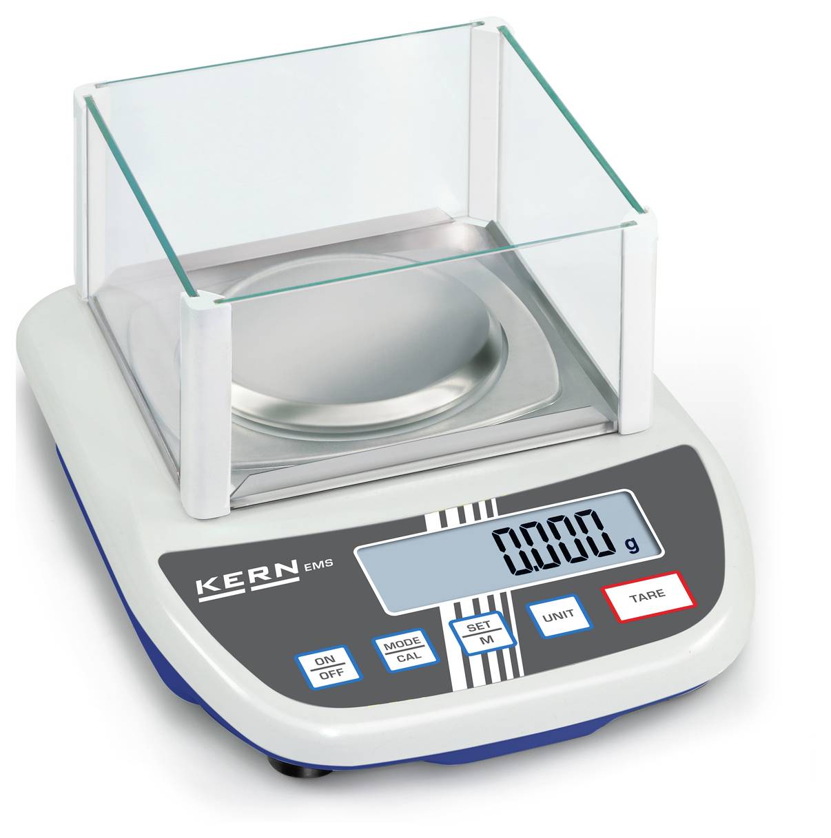 A precision balance with a digital display shows '0.000 g'. It has buttons for On/Off, Mode/Cal, Tare and Units.