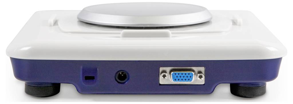 Electronic scales with a blue casing, silver weighing plate and VGA port on the front panel.