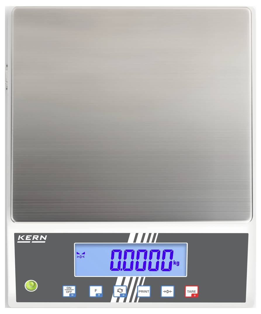 'Digital scales with a blue-illuminated display showing 0.0000 kg. Five function buttons and brand logo underneath.'
