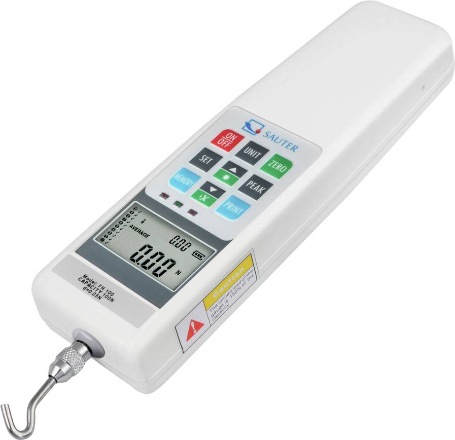 Digital force gauge with hook for precise measurements. Displays various units on screen. Includes buttons for settings.