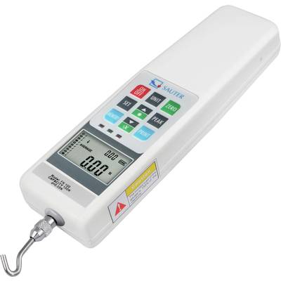 Digital dynamometer with hook, display showing '0.00N'. Brand logo at the top. Switches for Set, Unit, Peak, Print.