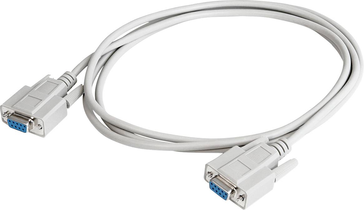 A grey serial cable with two DB9 connectors, used for data transmission between devices such as computers and modems.