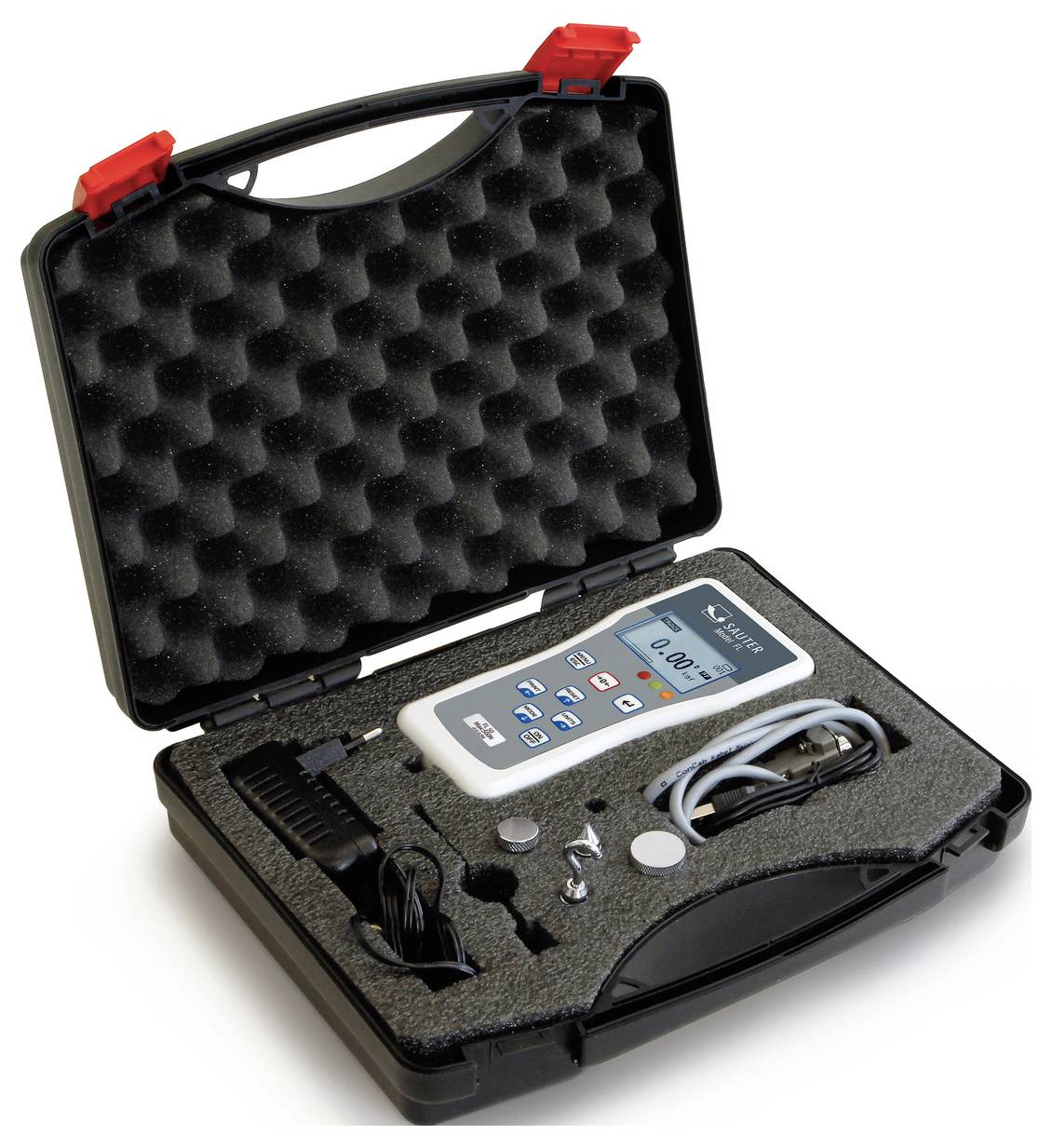 A professional toolbox with an open lid, displaying a digital measuring device, cables, and accessories nestled in foam padding, prepared for precise measurements.