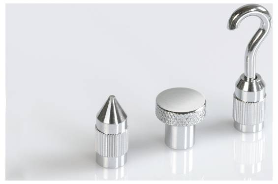 Three metal attachments on a white background, from left to right: a conical, flat, and hook-shaped attachment.