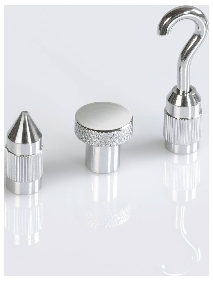 Three silver metal tools on a reflective surface: a conical nozzle, a flat button, and a hook attachment.
