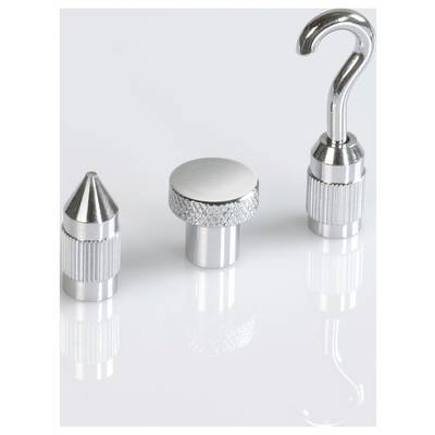 Three silver metal tools on a reflective surface: a conical nozzle, a flat button, and a hook attachment.