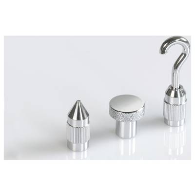 Three metallic screw-on attachments on a white surface: a pointed nozzle, a round flat head, and a hook attachment.