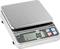 Digital kitchen scales made of stainless steel with blue and red keypad. Display shows '0.0'.