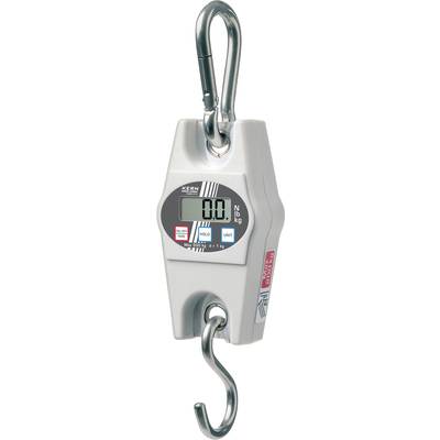 A silver, digital hanging scale with hooks at the top and bottom. The display shows '0.0'. Suitable for measurements up to 50 kg.