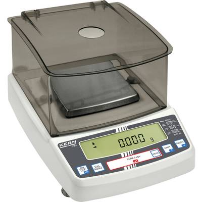 Digital precision balance with a transparent protective cover, displaying a weight of 0.000 g. Model number and controls visible.