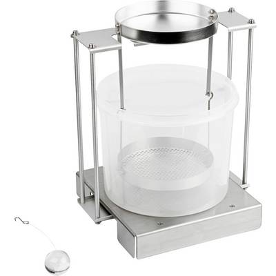 Metal rain gauge with circular collector and net on a sturdy frame, with a thermometer hanging on a hook beside it.