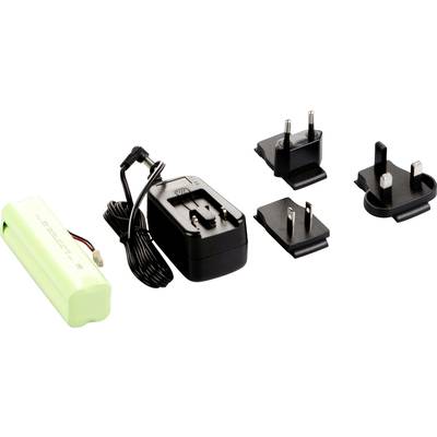 Green battery pack, black charger with cable and three interchangeable plug adapters for different power sockets.