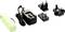 Green battery pack, black charger with cable and three interchangeable plug adapters for different power sockets.