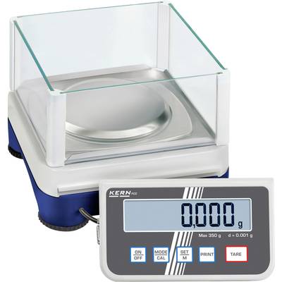 Digital precision balance with large display shows '0.000 g'. Maximum capacity 350 g, accuracy 0.001 g. Buttons for various functions.
