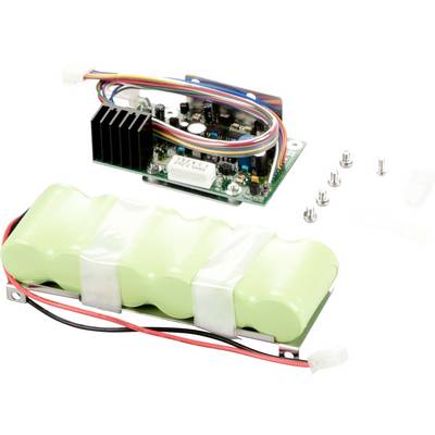 Electronic circuit with a printed circuit board, cables, and a green battery unit. Screws and additional accessories are placed beside it.