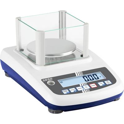 Digital precision balance scale with glass-protected weighing pan and digital display on a blue and white casing. Display shows '0.00'.