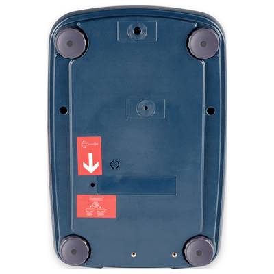 Image of a blue device base with four black feet and a red instruction sticker with a white downward arrow.